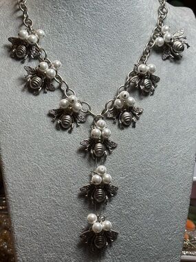 Yochi Silver Bee and Pearl Charm Necklace